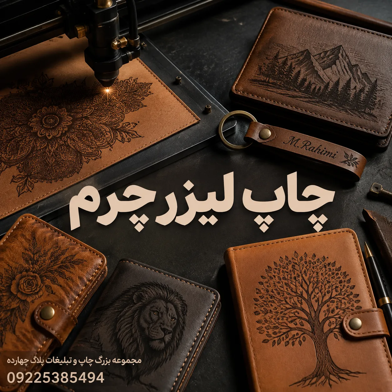 حکاکی لیزری لوگو روی سررسید چرمی و جاکلیدی تبلیغاتی در مشهد