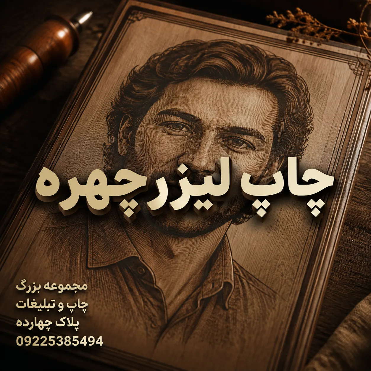 نمونه باکیفیت خدمات چاپ لیزرچهره روی چوب و فلز توسط مرکز چاپ مشهد پلاک ۱۴