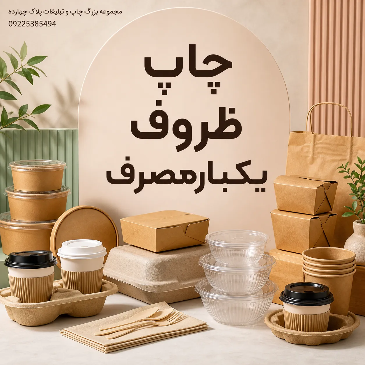 نمونه چاپ ظروف یکبار مصرف کاغذی و بیرون بر رستوران در چاپخانه پلاک ۱۴ مشهد