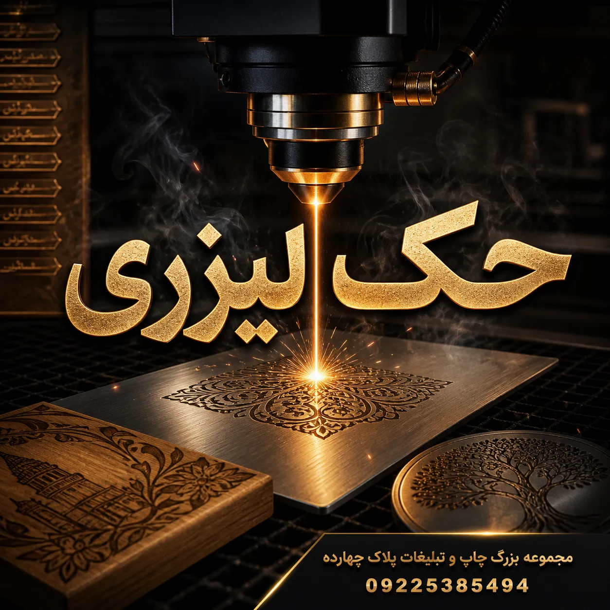دستگاه حک لیزری در حال حکاکی لوگو روی فلز برای هدایای تبلیغاتی در مشهد