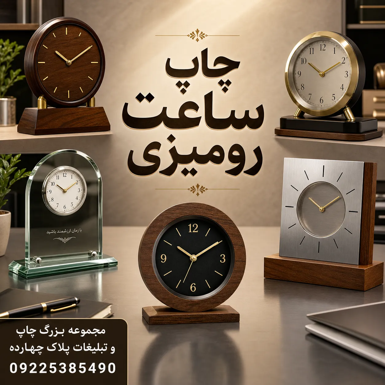 چاپ لوگوی اختصاصی شرکت روی ساعت رومیزی چوبی تبلیغاتی