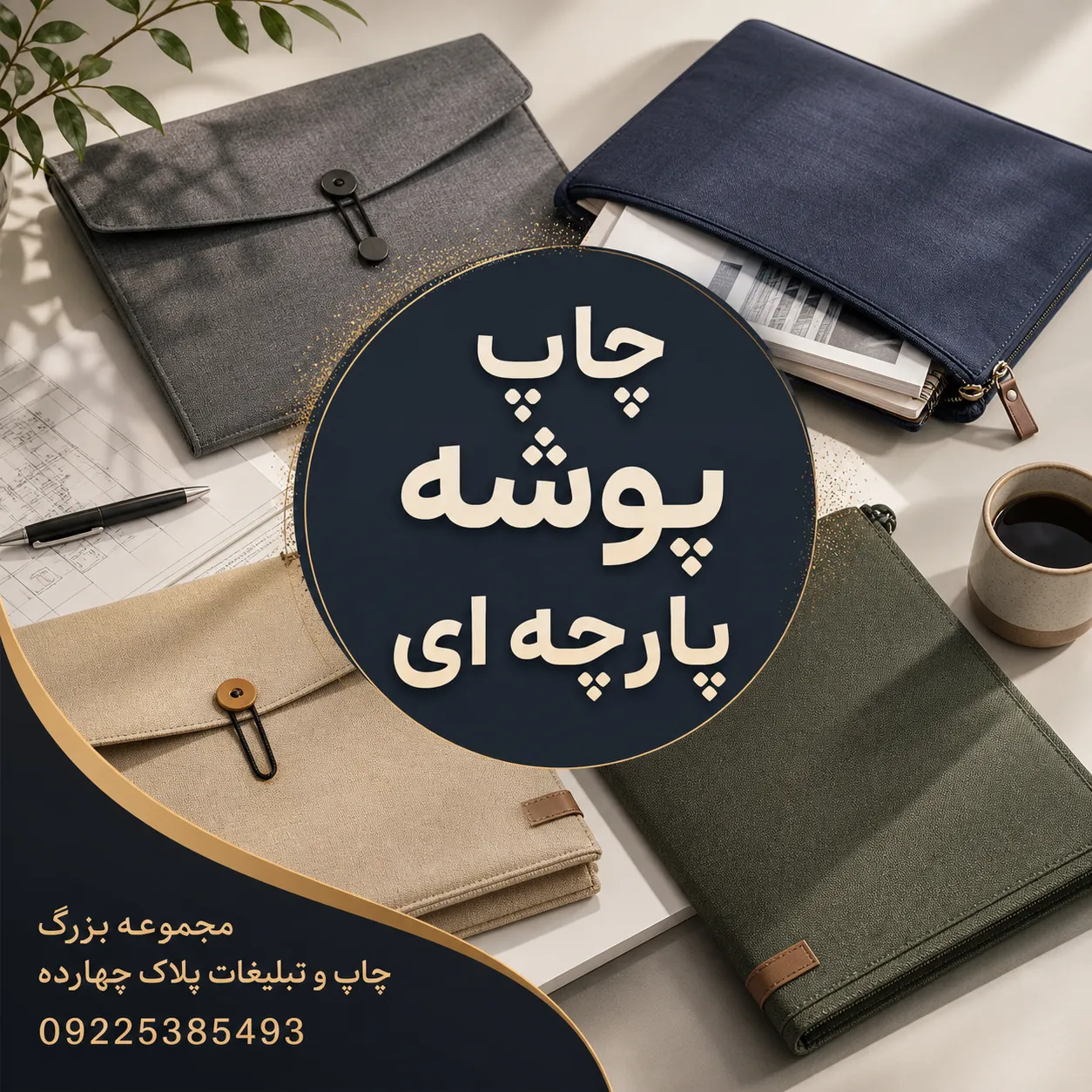 نمونه چاپ اختصاصی لوگو روی پوشه پارچه‌ای تبلیغاتی در مجموعه پلاک چهارده مشهد