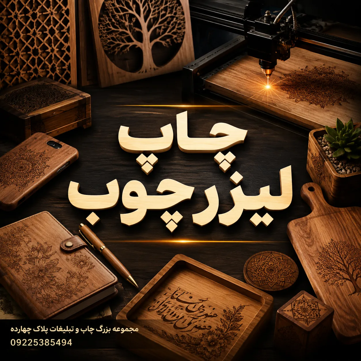دستگاه چاپ لیزرچوب در حال حکاکی لوگو روی جعبه و هدایای تبلیغاتی چوبی در مشهد