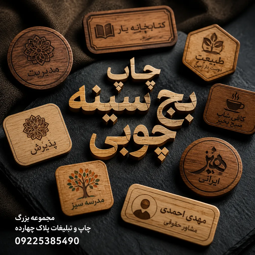 چاپ بج سینه چوبی با حکاکی لیزری لوگو برای کسب‌وکارها در مشهد