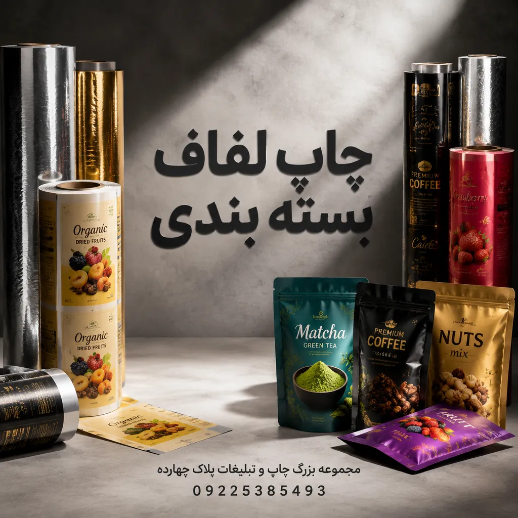 نمونه محصولات چاپ لفاف بسته بندی و انواع رول‌های سلفون و پاکت‌های مواد غذایی در مجموعه چاپ و تبلیغات پلاک چهارده
